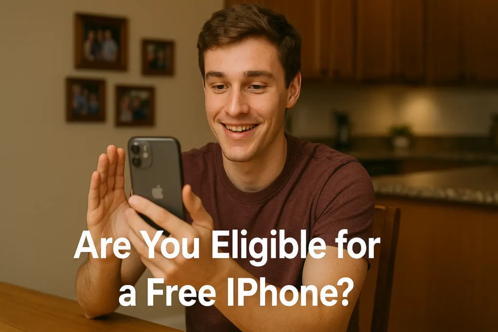 Young American student checking eligibility for a free government iPhone in 2025 