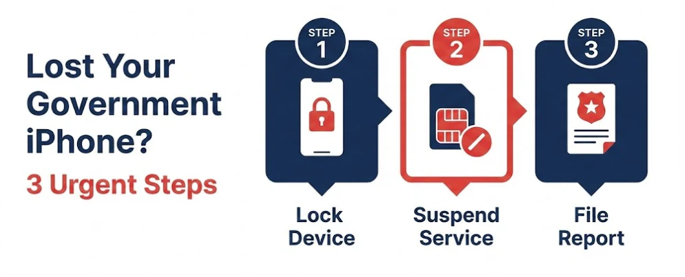 Lost Your Govt iPhone? Replacement Guide & Fees (Fast) 2 Infographic showing three urgent steps to take when a government iPhone is lost or stolen.