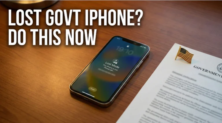 Lost Your Govt iPhone? Replacement Guide & Fees (Fast) 10 Lost free government iPhone replacement guide showing locked screen and official documentation.