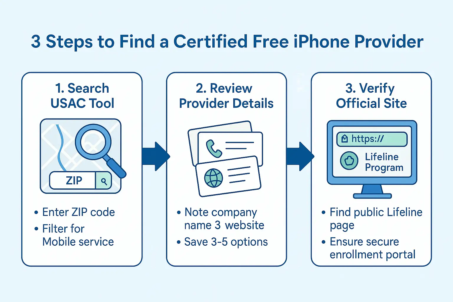 Free Government iPhone Near Me: Find Certified Providers Fast 1 Infographic flowchart illustrating the three steps to search, review, and verify certified Lifeline providers for a free government iPhone.