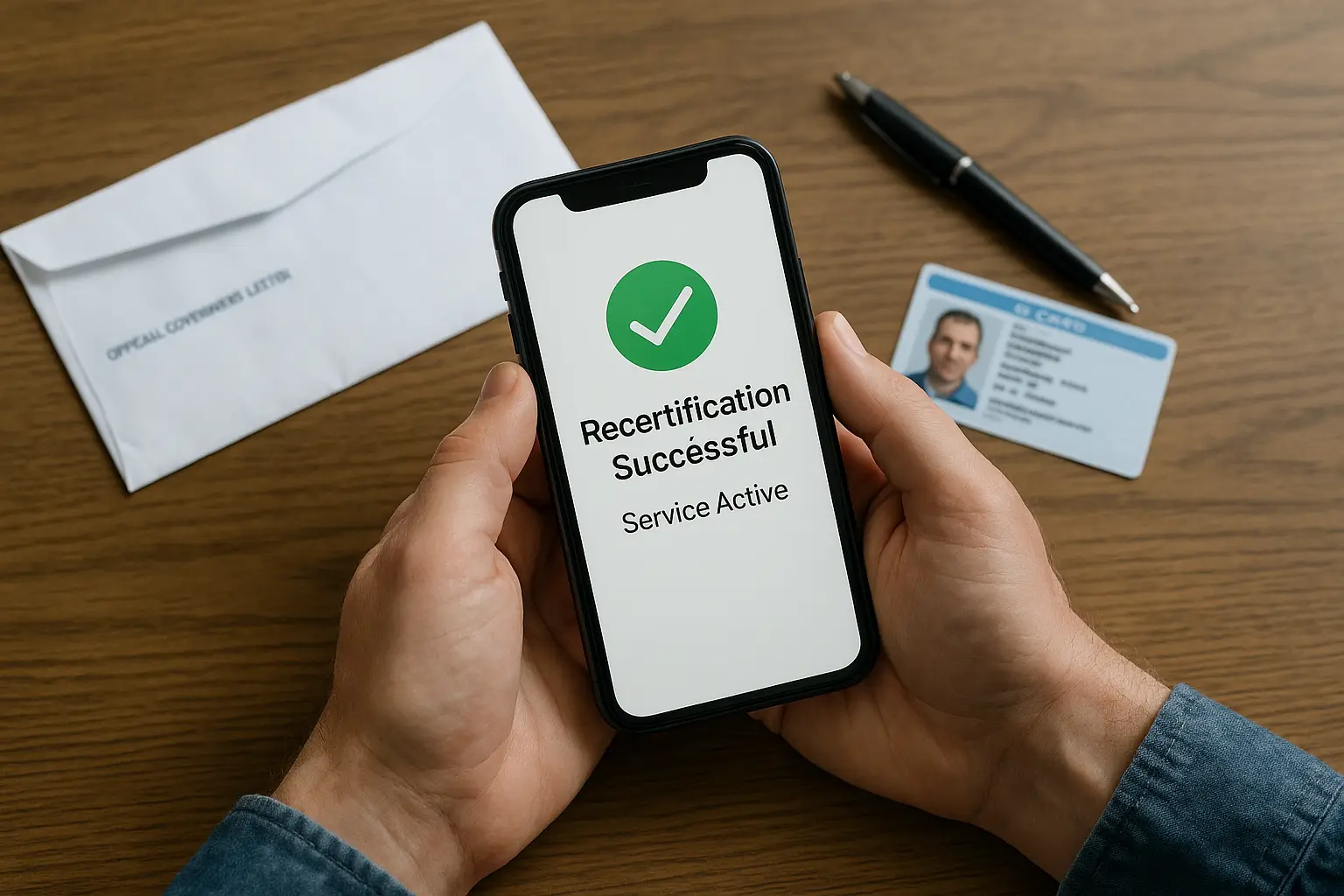 Free Government iPhone Recertification: Easy Renewal Guide 1 Smartphone screen showing successful Lifeline recertification confirmation next to official mail and ID card on a desk.