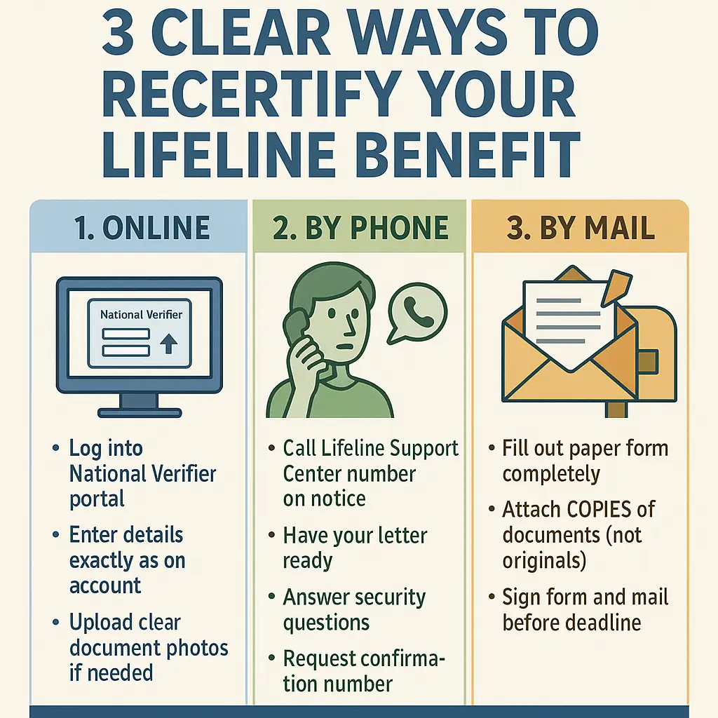 Free Government iPhone Recertification: Easy Renewal Guide 2 Infographic illustrating three methods for Lifeline recertification Online via National Verifier portal, By Phone with support center, and By Mail using paper form.